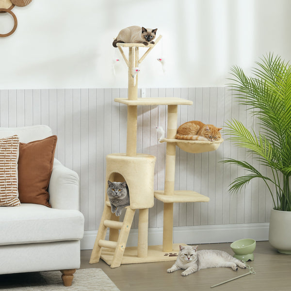 Kratzbaum für Katzen mit Höhle Sisalstämme und Spielzeug beige