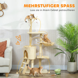 Kratzbaum für Katzen mit Höhle Sisalstämme und Spielzeug beige