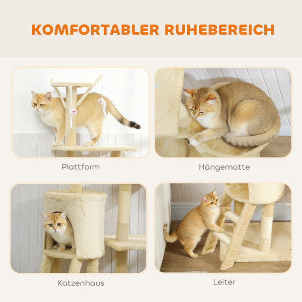 Kratzbaum für Katzen mit Höhle Sisalstämme und Spielzeug beige