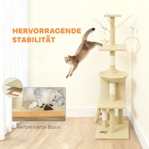 Kratzbaum für Katzen mit Höhle Sisalstämme und Spielzeug beige