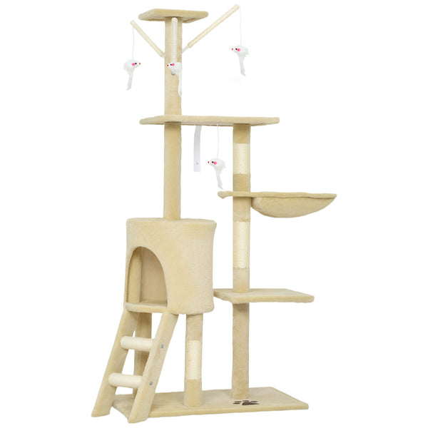 Kratzbaum für Katzen mit Höhle Sisalstämme und Spielzeug beige