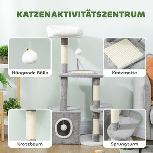 Kratzbaum für Katzen mit Höhle Sisalstämme und Spielzeug grau