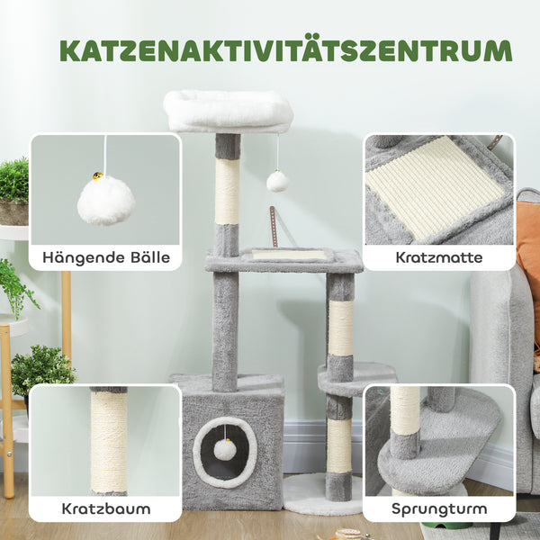 Kratzbaum für Katzen mit Höhle Sisalstämme und Spielzeug grau