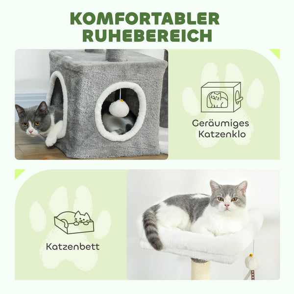 Kratzbaum für Katzen mit Höhle Sisalstämme und Spielzeug grau