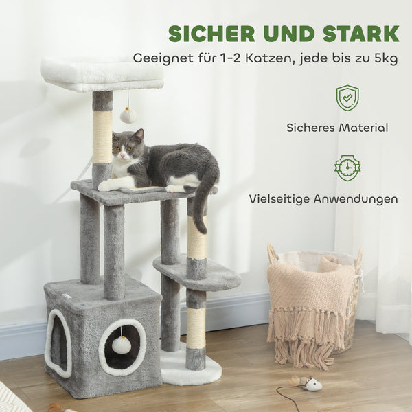 Kratzbaum für Katzen mit Höhle Sisalstämme und Spielzeug grau