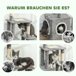 Kratzbaum für Katzen mit Höhle Sisalstämme und Spielzeug grau