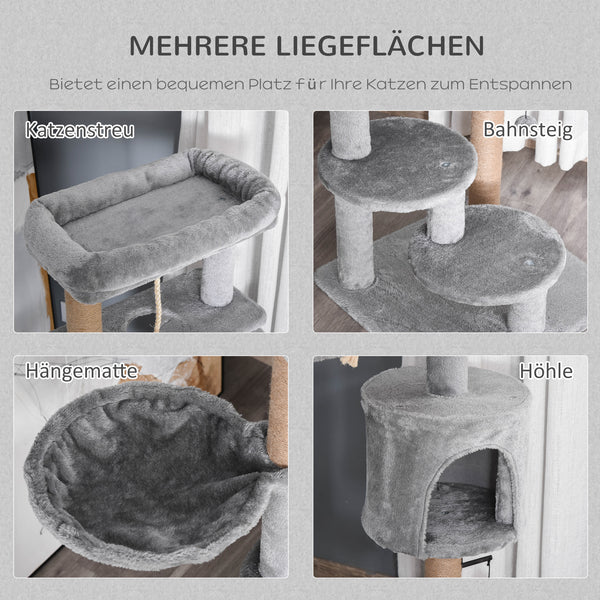 Kratzbaum Holz Korb & Spielball 120cm Hellgrau