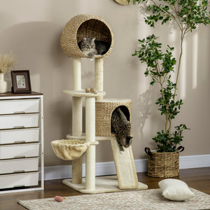 Kratzbaum mit Katzenhaus Rattan 150cm Beige