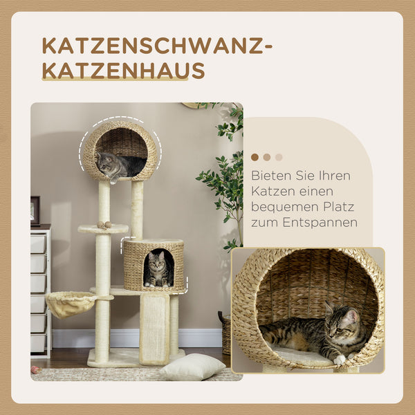 Kratzbaum mit Katzenhaus Rattan 150cm Beige