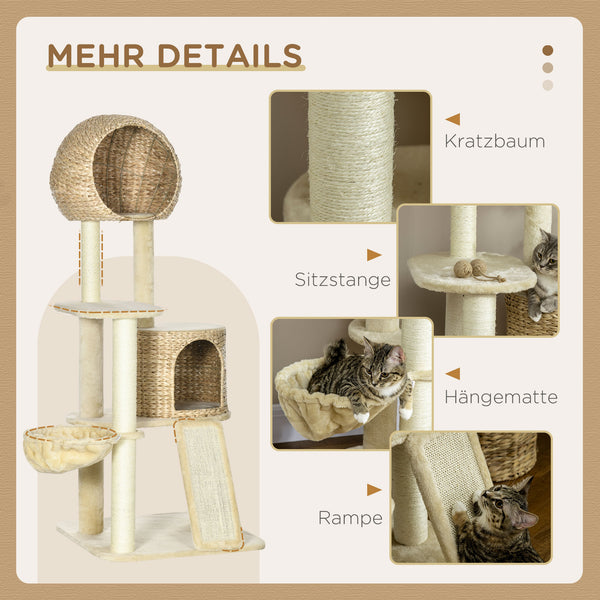 Kratzbaum mit Katzenhaus Rattan 150cm Beige