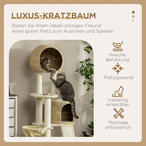 Kratzbaum mit Katzenhaus Rattan 150cm Beige