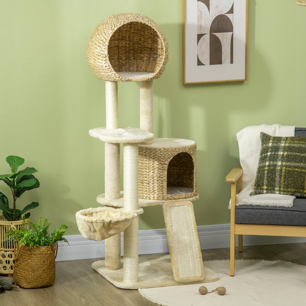Kratzbaum mit Katzenhaus Rattan 150cm Beige