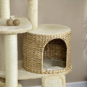 Kratzbaum mit Katzenhaus Rattan 150cm Beige
