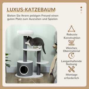 Kratzbaum mit Katzenhöhle Bett und Plattformen weiss grau