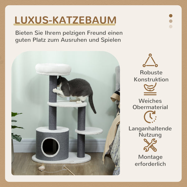 Kratzbaum mit Katzenhöhle Bett und Plattformen weiss grau