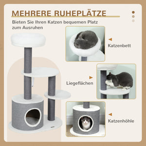 Kratzbaum mit Katzenhöhle Bett und Plattformen weiss grau
