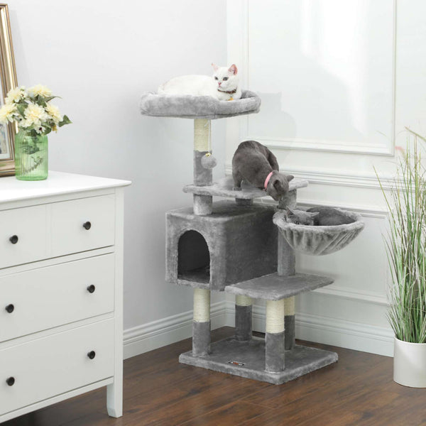 Kratzbaum Katzenbaum Katzenwohnung mehrstufig 110cm Plüsch Hellgrau