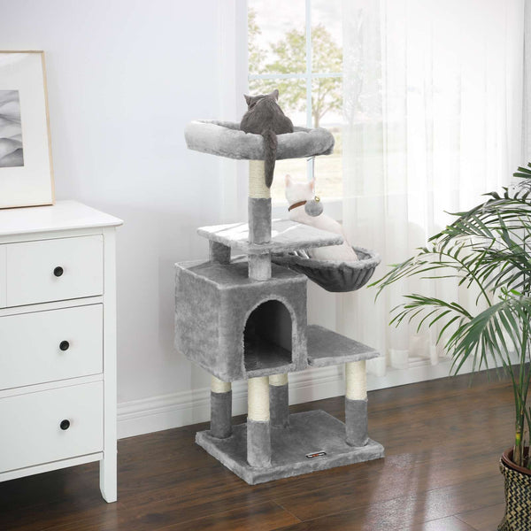 Kratzbaum Katzenbaum Katzenwohnung mehrstufig 110cm Plüsch Hellgrau