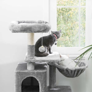 Kratzbaum Katzenbaum Katzenwohnung mehrstufig 110cm Plüsch Hellgrau