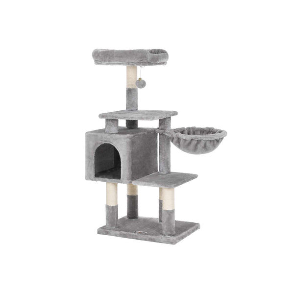 Kratzbaum Katzenbaum Katzenwohnung mehrstufig 110cm Plüsch Hellgrau