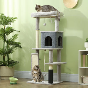 Kratzbaum für Katzen mit Haus Bett und Plattformen hellgrau