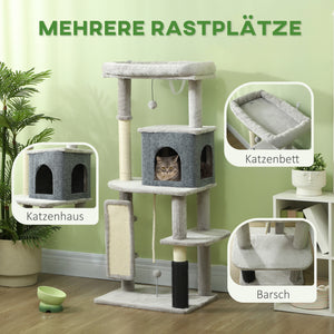 Kratzbaum für Katzen mit Haus Bett und Plattformen hellgrau
