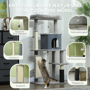 Kratzbaum für Katzen mit Haus Bett und Plattformen hellgrau