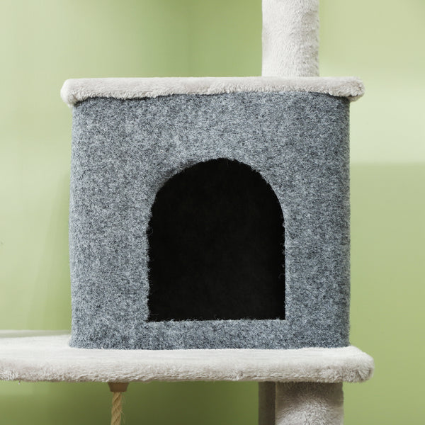 Kratzbaum für Katzen mit Haus Bett und Plattformen hellgrau