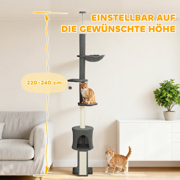 Kratzbaum mit Höhle und Hängematte verstellbar für Katzen grau