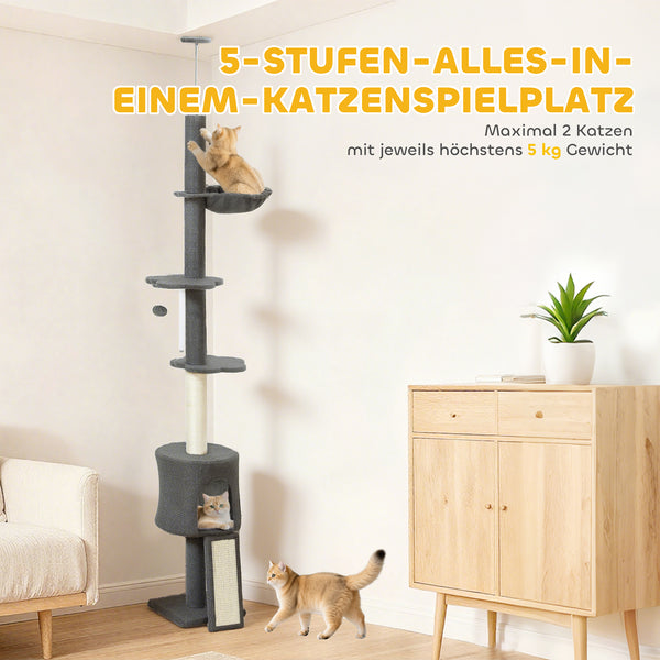 Kratzbaum mit Höhle und Hängematte verstellbar für Katzen grau
