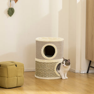 Kratztonne für Katzen zweistöckig mit Höhlen und Kratzmatte 49cm