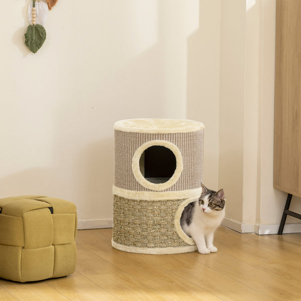 Kratztonne für Katzen zweistöckig mit Höhlen und Kratzmatte 49cm