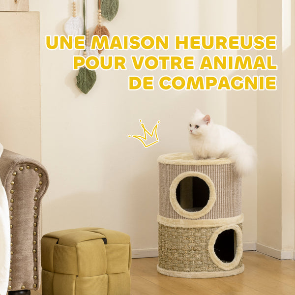 Kratztonne für Katzen zweistöckig mit Höhlen und Kratzmatte 49cm