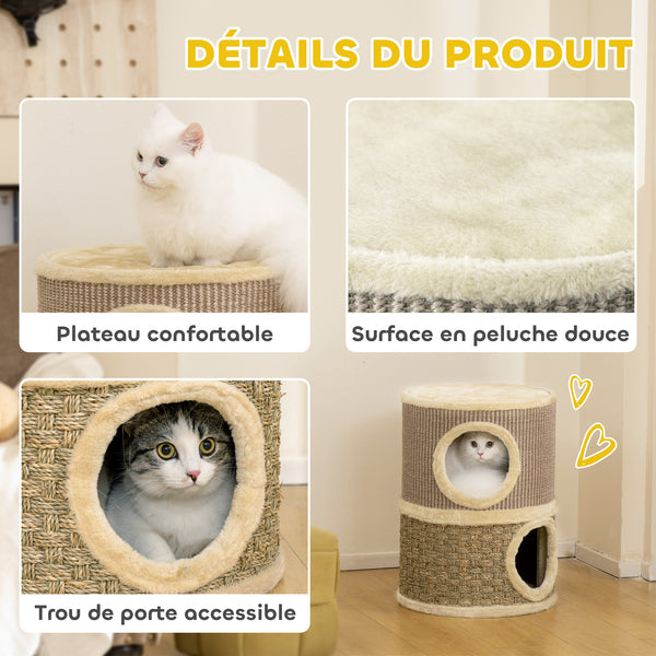 Kratztonne für Katzen zweistöckig mit Höhlen und Kratzmatte 49cm