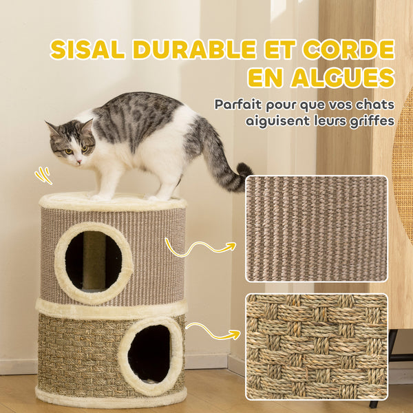 Kratztonne für Katzen zweistöckig mit Höhlen und Kratzmatte 49cm