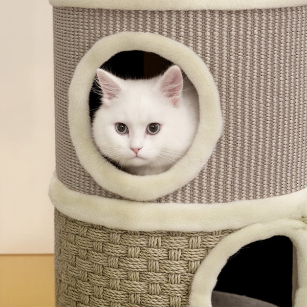 Kratztonne für Katzen zweistöckig mit Höhlen und Kratzmatte 49cm