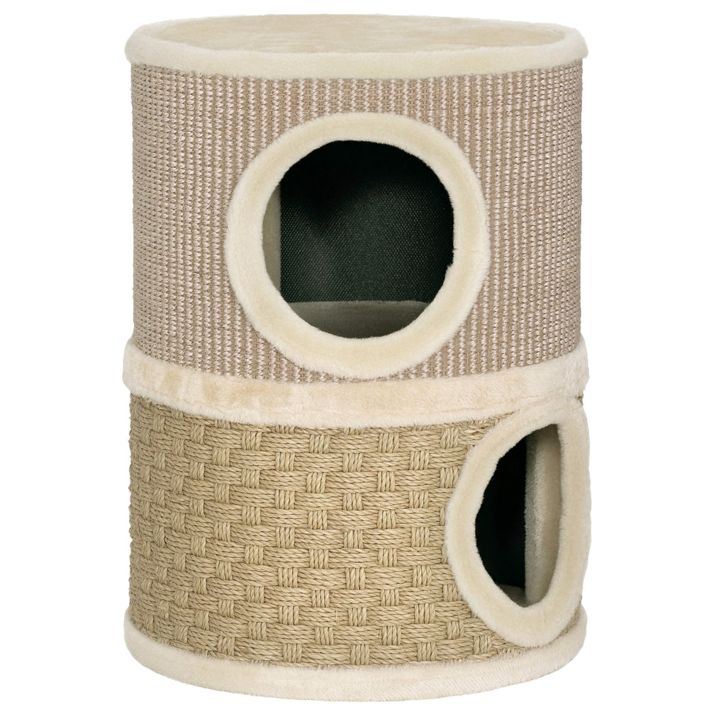 Kratztonne für Katzen zweistöckig mit Höhlen und Kratzmatte 49cm