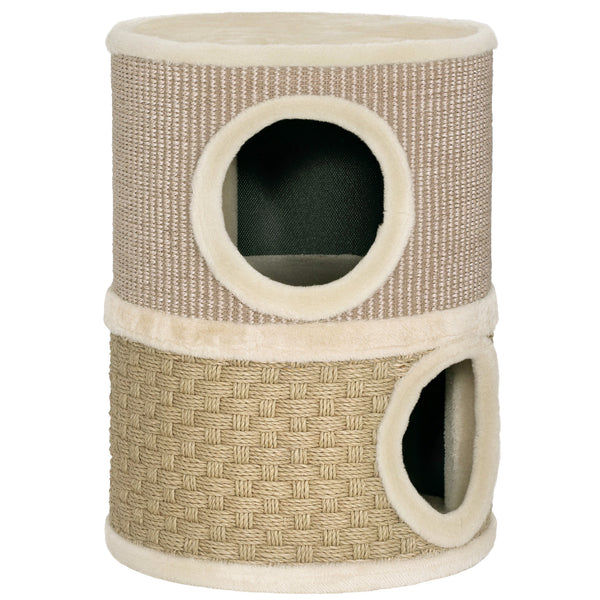 Kratztonne für Katzen zweistöckig mit Höhlen und Kratzmatte 49cm