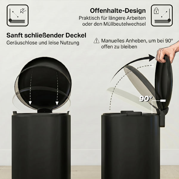 Küchen Mülleimer mit Soft Close Fusspedal 20L Metall schwarz