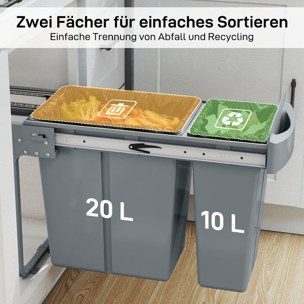 Küchen Mülleimer ausziehbar mit 2 Fächern 30L grau