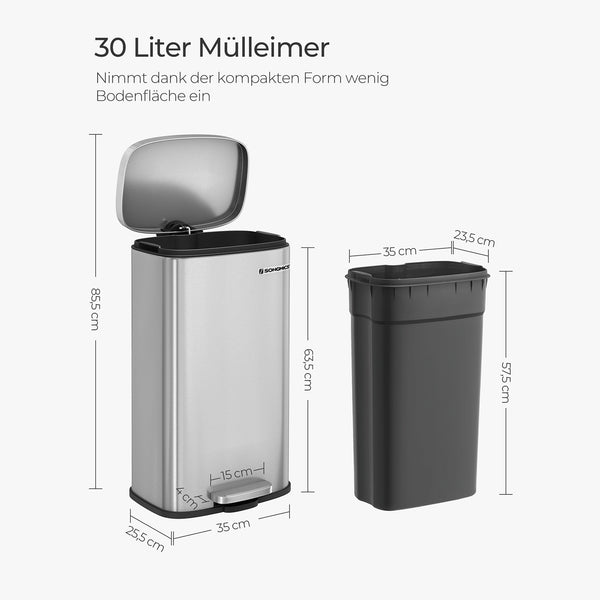 Küchenabfalleimer Mülleimer 30 Liter Silber