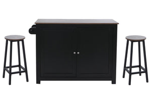 Kücheninsel mit 2 Sitzhockern Schublade Staufächer 90x120x45cm schwarz dunkles Holz