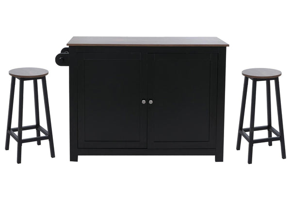 Kücheninsel mit 2 Sitzhockern Schublade Staufächer 90x120x45cm schwarz dunkles Holz