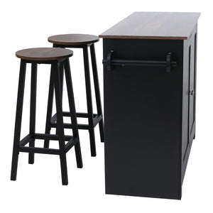 Kücheninsel mit 2 Sitzhockern Schublade Staufächer 90x120x45cm schwarz dunkles Holz
