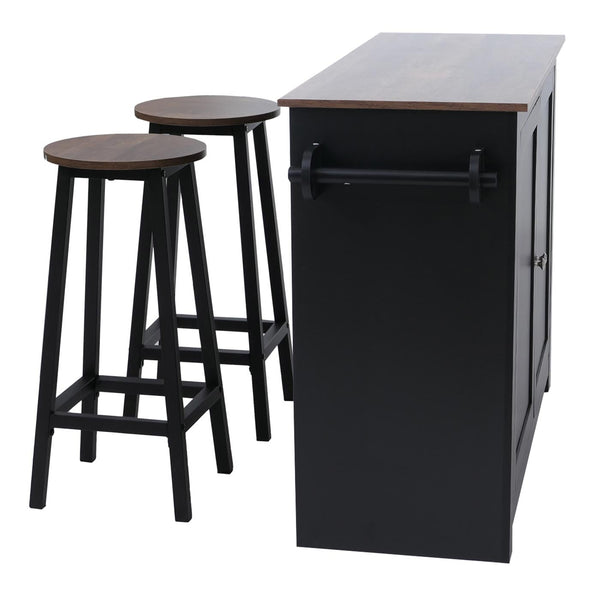 Kücheninsel mit 2 Sitzhockern Schublade Staufächer 90x120x45cm schwarz dunkles Holz