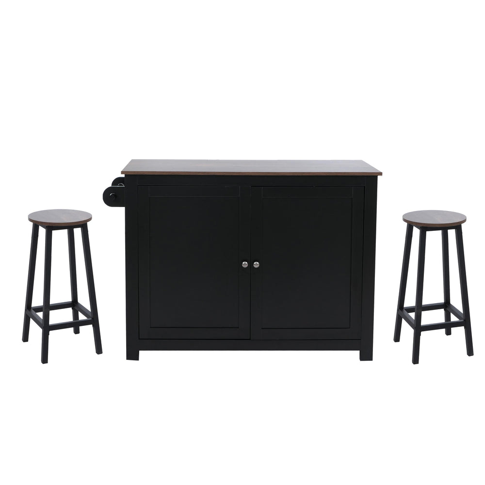 Kücheninsel mit 2 Sitzhockern Schublade Staufächer 90x120x45cm schwarz dunkles Holz