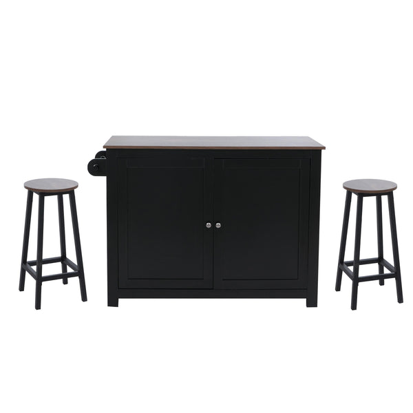 Kücheninsel mit 2 Sitzhockern Schublade Staufächer 90x120x45cm schwarz dunkles Holz