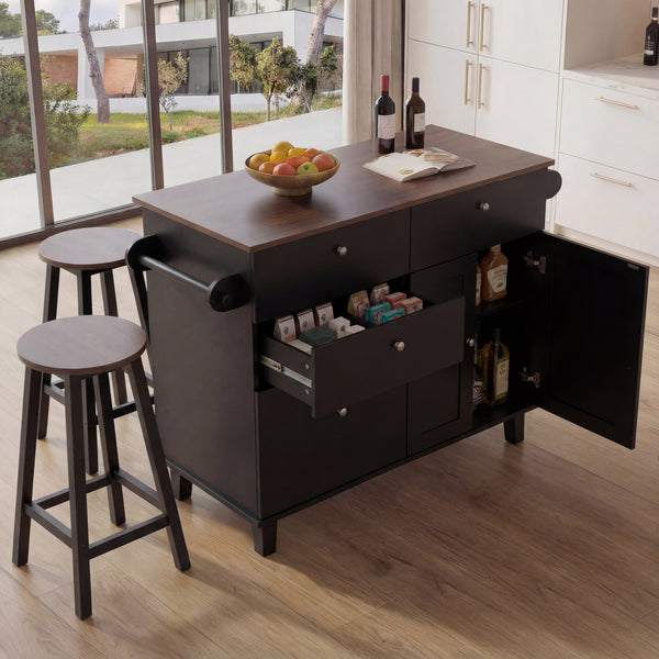 Kücheninsel mit 2 Sitzhockern Schublade Staufächer 90x131x47cm schwarz dunkles Holz