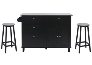 Kücheninsel mit 2 Sitzhockern Schublade Staufächer 90x131x47cm schwarz dunkles Holz