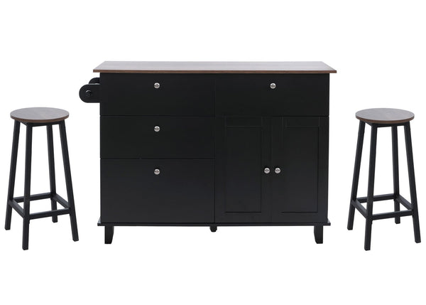 Kücheninsel mit 2 Sitzhockern Schublade Staufächer 90x131x47cm schwarz dunkles Holz